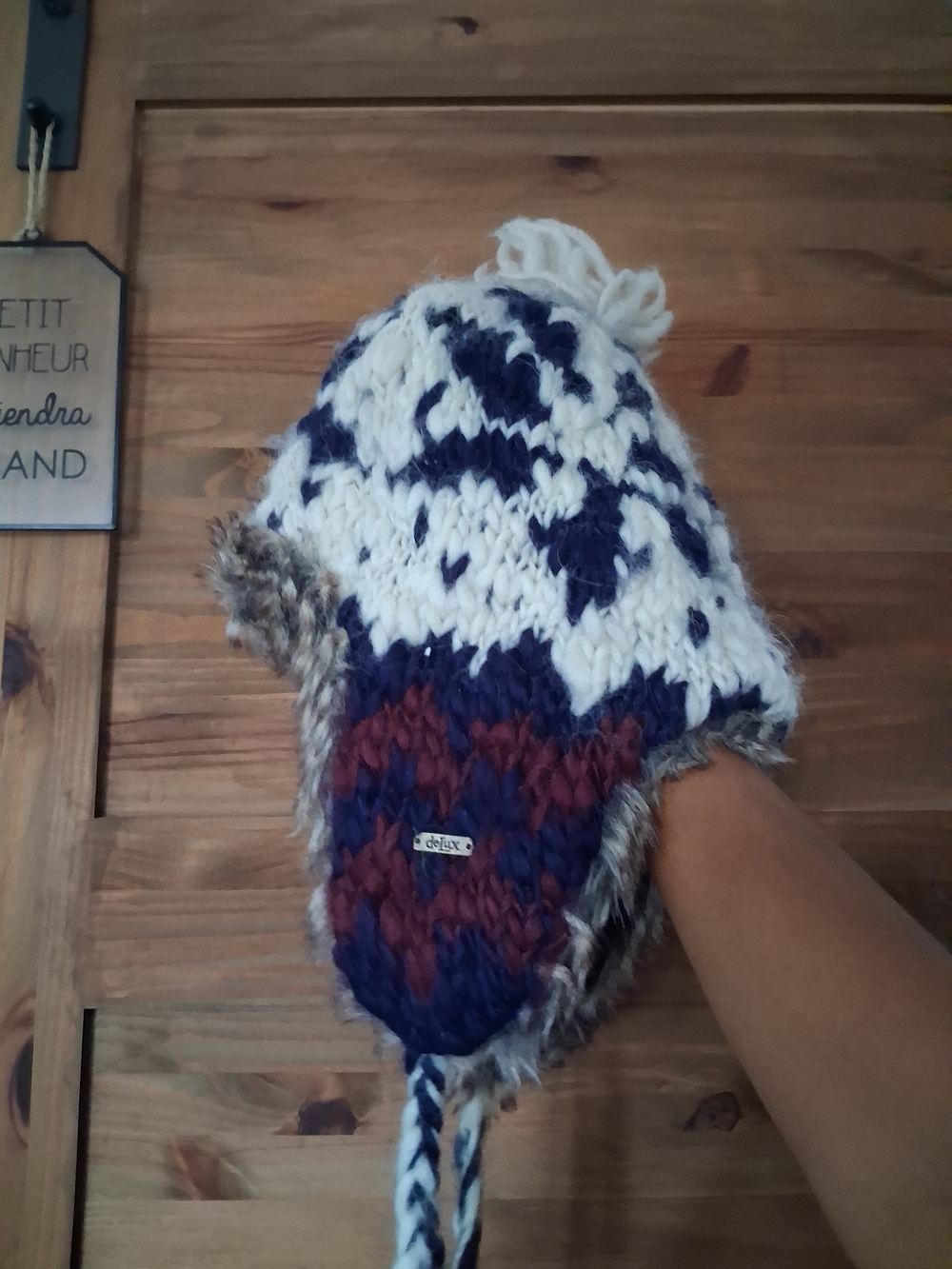 Delux Knit Earflap Hat with Pom in White, Navy & Burgundy - delux